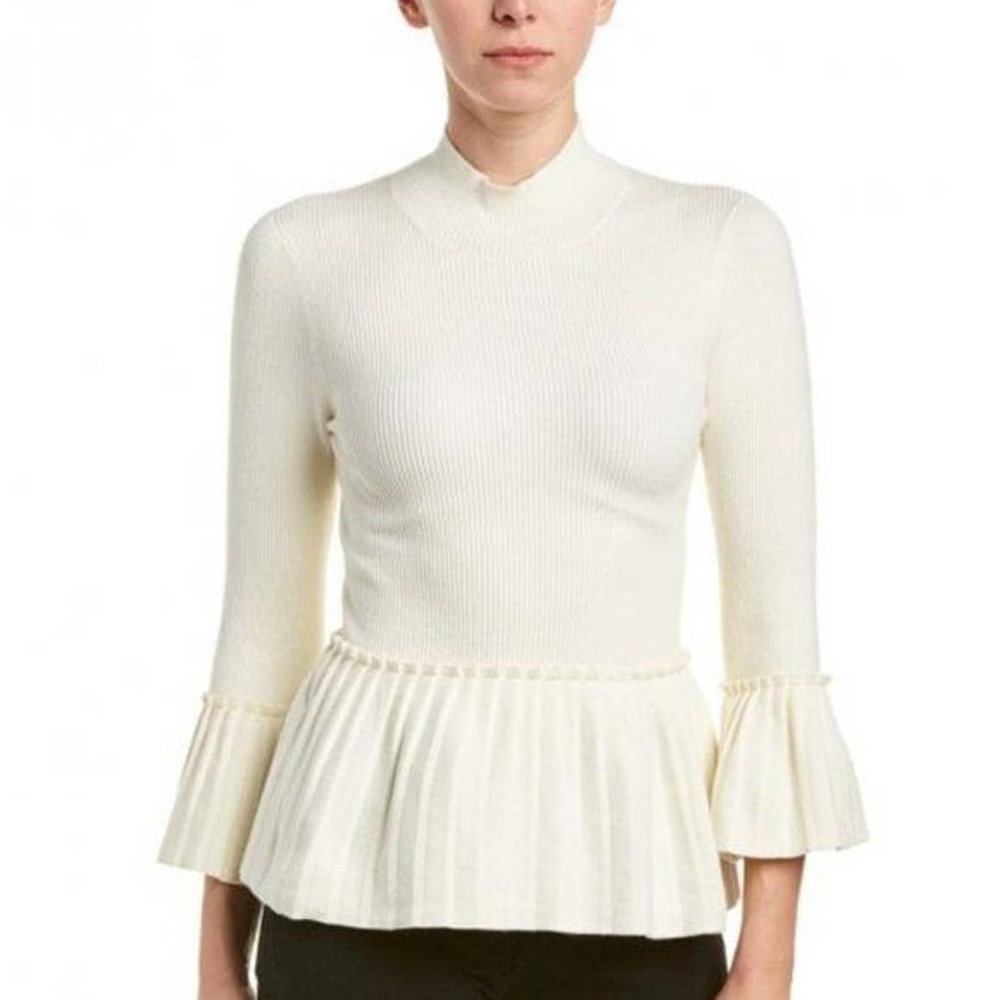 Ted Baker London | Lislie Pleated Ribbed Peplum Sweater Womens 3 Beige Pullover